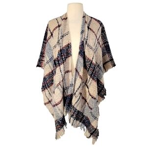 Francesca's Blue & Red Plaid Woven Fringed Poncho Scarf
